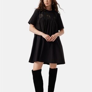 Black Short Sleeve Babydoll Dress with Embroidered Yoke